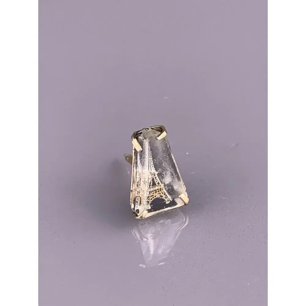 Reverse Carved Eiffel Tower Tie Tack Pin Lucite Gray Paris France Swank Vintage